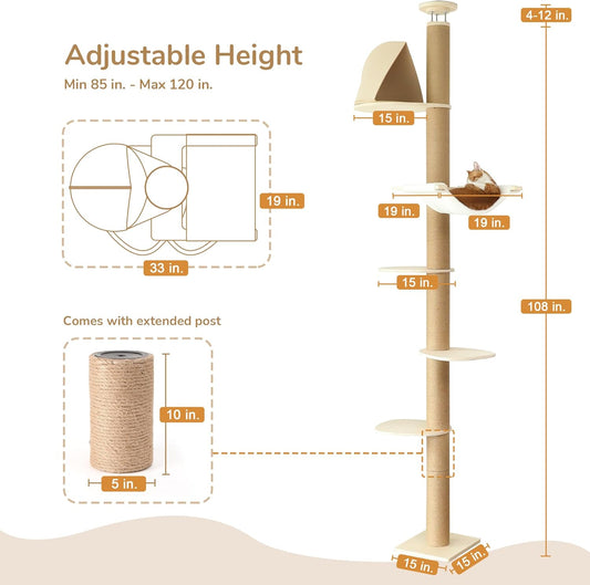 FUKUMARU Floor to Ceiling Cat Tree, 6 Level Adjustable Height (6-10 ft) Climbing Tower with Thickened Scratching Posts, Cats Activity Center with Cozy Hammock - Beige