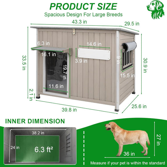 Dog House Outdoor Weatherproof & Wooden Dog Kennel with Chew-Proof Iron Frame,Removable Floor, Adjustable Vent Window, Easy Assembly for Large and Medium Dogs 43.3" D x 29.5" W x 33.5" H