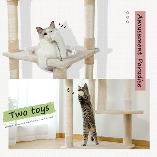 PEQULTI Floor to Ceiling Cat Tree 92.9ββ-101.6ββ Height Adjustable Cat Tower Tall Kitty Climbing Play House with Scratching Posts, Cozy Condo, Perches and Large Hammock for Indoor Cats Beige