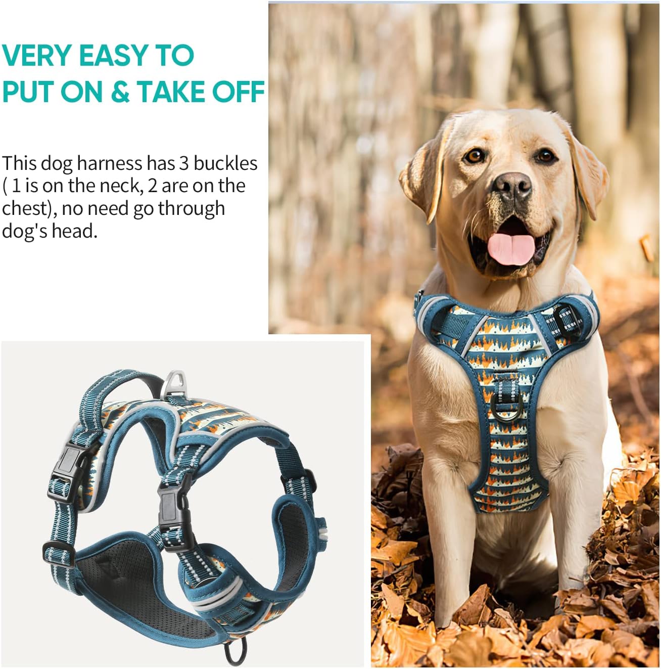Timos Dog Harness, No-Pull Pet Harness with 2 Leash Clips, 3 Snap Buckles Adjustable Soft Padded Dog Vest, Reflective No-Choke Pet Oxford Vest with Easy Control Handle for Small Medium Large Dogs