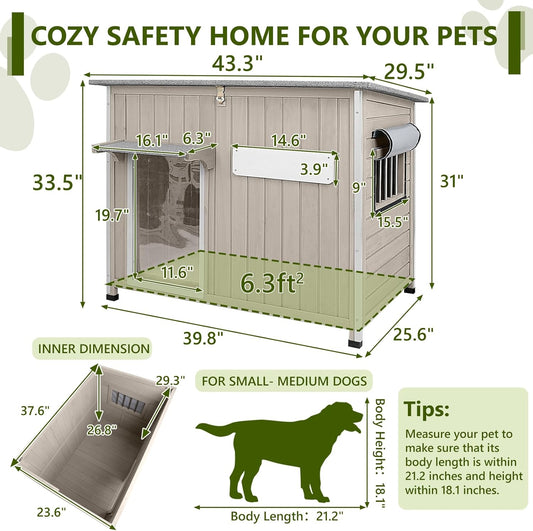 Large Dog House Outdoor XL Wooden Dog House with Weatherproof Asphalt Roof, Chew-Resistant Frame, Removable Floor, for Medium to Large Dogs Indoor Outdoor Use (Grey, 43.3"L x 29.5"W x 33.5"H)