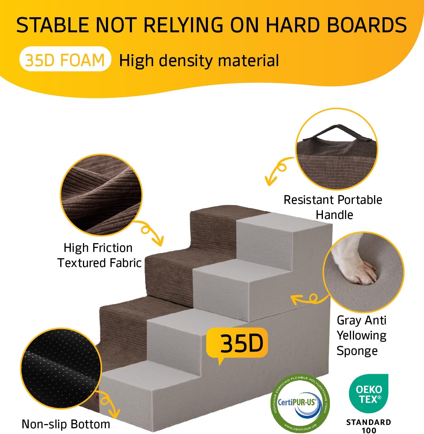 Dog Stairs for High Bed, Dog Steps for Bed Couch Sofa, 35D Foam Extra Wide Pet Steps for Small Dogs and Cats, Pet Stairs with Non-Slip Bottom Brown, 4 Steps