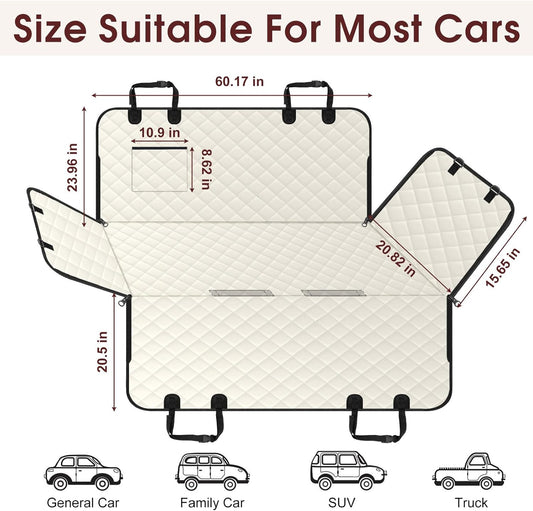 Dog Car Seat Cover, Durable Waterproof Scratch Proof Nonslip Dog Hammock, Pet Back Seat Covers with Pocket for Cars SUVs and Trucks - L, Beige/Black