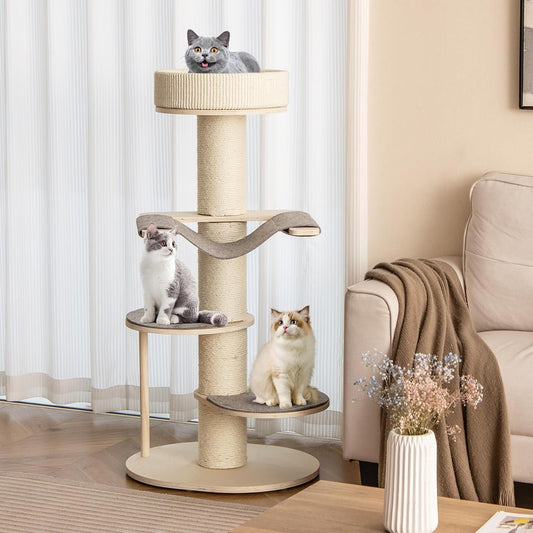 Tangkula Wood Cat Tree, 47 Inch Multi-Layer Cat Tower with 5.7β Thicker Sisal Covered Scratching Posts & Carpet, Padded Top Perch, 2 Jumping Platforms, Hammock, Modern Cat Tree Tower for Indoor Cats