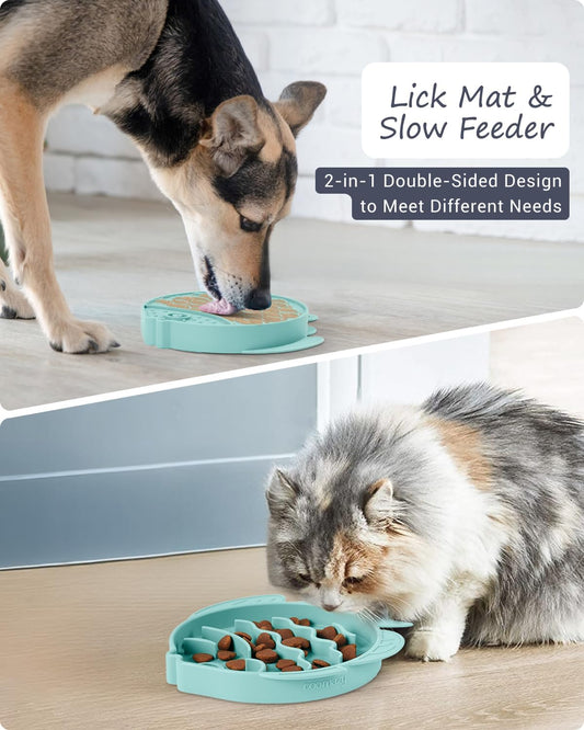 Coomazy 2-in-1 Silicone Slow Feeder Dog Cat Bowls, Lick Mat Interactive Puzzle Toy for Pets Dry/Wet Food Training, Keeps Dogs Cats Busy, Prevents Puppy Kitty Overeating (Cyan, 1.2 Cup)