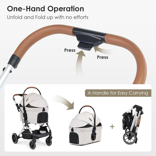 T6 Luxury Pet Stroller for Medium Dogs Up to 66lbs or 2 Small Pets β 3-in-1 Dog & Cat Stroller with Removable Carrier, Foldable & Lightweight (Beige)