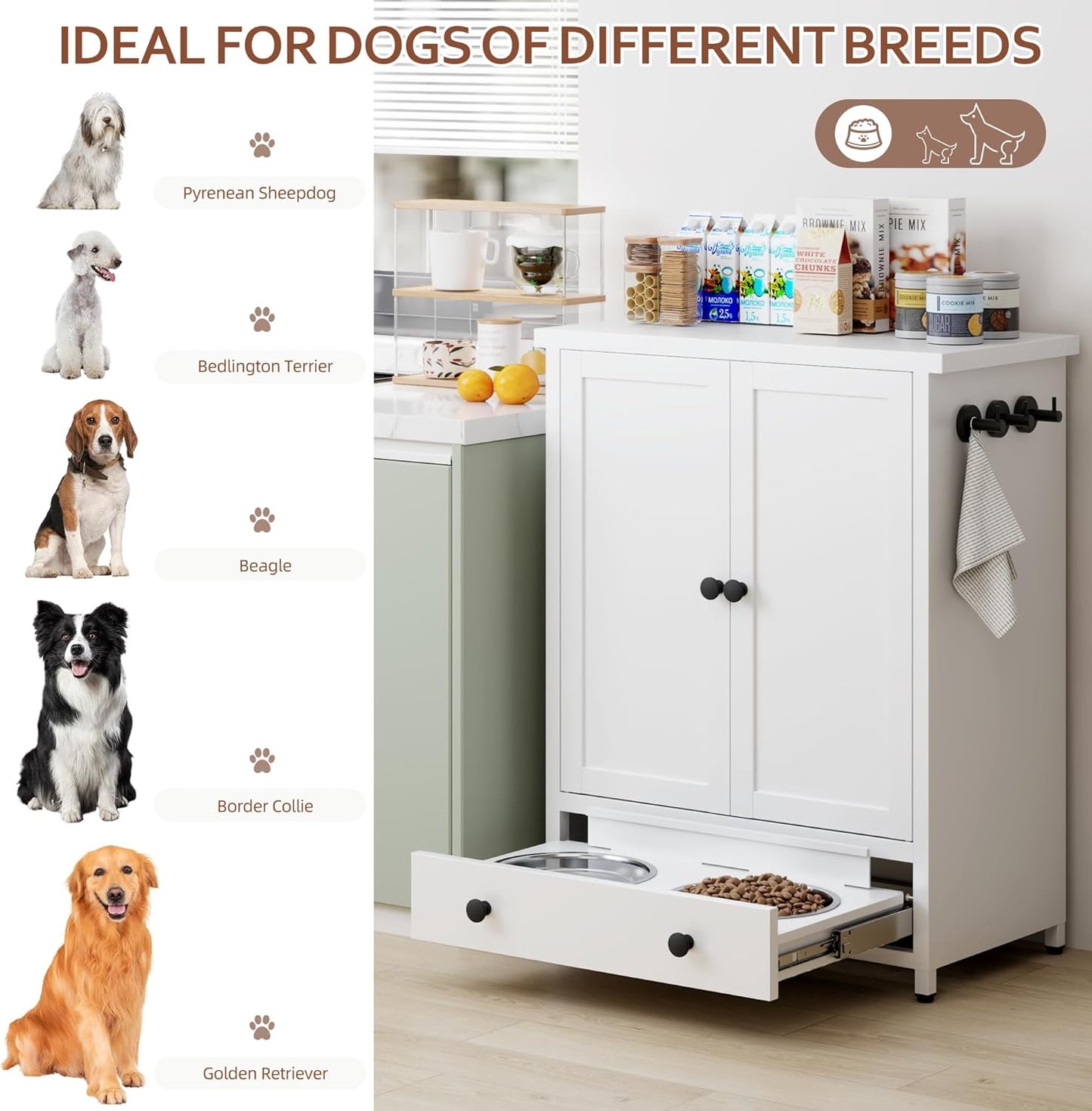 Dog Feeding Station with Storage, Metal Dog Food Storage Cabinet with 2 Elevated Bowls and 3 Hooks, Pet Feeding Station and Dogs Food Storage Organizer, White