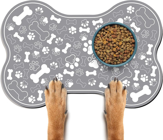 Dog & Cat Food Mat Bone Shaped Pet Feeding Mat Quick Absorb Water Bowl Placemat with Rubber Backing Indoor Floor Stain Resistant Pet Accessory Supplies (Grey, 16x24 Inches)