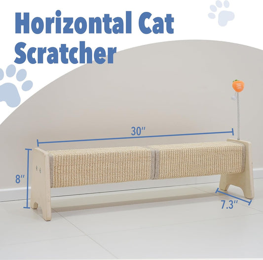 Cat Scratching Post, 30" Horizontal Sisal Scratch Post for Indoor Cats, Durable Cat Furniture Protector with Spring Toy