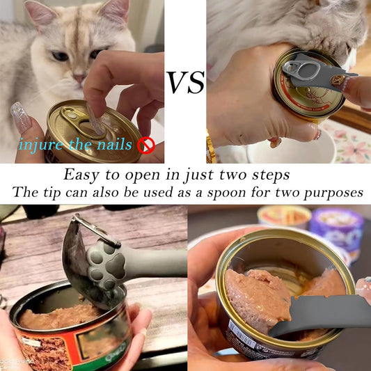 Food Can Spoon & Lids, One Multi-Functional Opener Spatula, 4 PCS BPA Free Silicone Universal Can Covers, Cute Paw Shape Spoon for Cat Dog Wet Food (Grey)