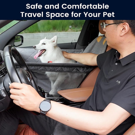 Dog Car Seat for Small/Medium Dogs with Door Protection β Full Coverage Pet Booster Seat with Mesh Window, Zippered Side Flaps, Safety Buckle, Grey Linen Fabric