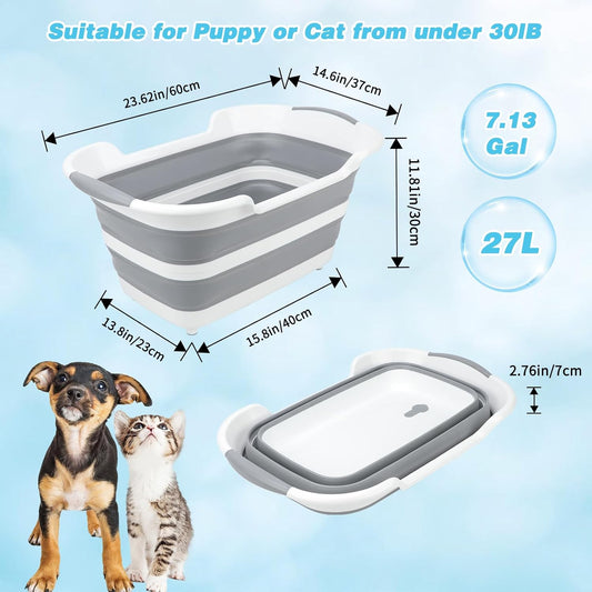 FHTONGE 7.13 Gal/27L Raised Collapsible Dog Bathtub with Drain Hair Catcher, Multifunctional Pet Washtub for Small to M Dog, Portable Puppy Tub Cat Shower Basin Laundry Basket Storage Organize Bucket