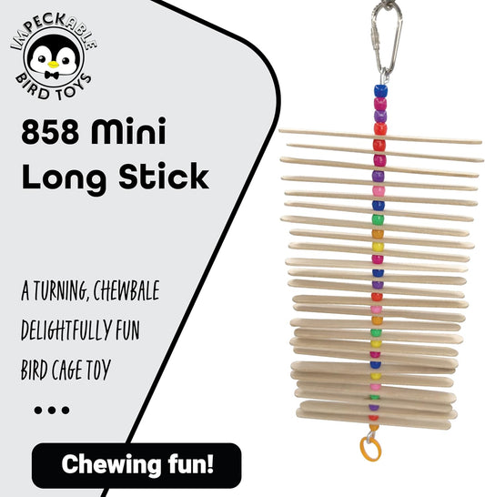 858 Mini Long Stick Toy - Handcrafted with Wooden Slats, Plastic Beads and Rubber Ring, Sticks Turn Around as Pets Play, Great for Budgies, Lovebirds, Parrotlets and Other Small Birds