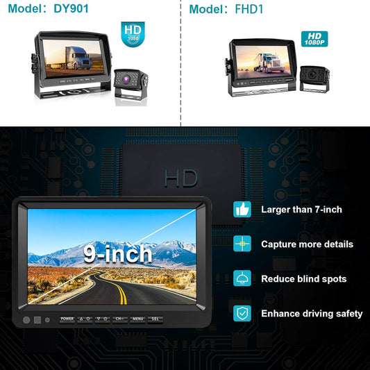 Fookoo β
‘ HD Backup Camera System Kit, 9" 1080P Reversing Monitor+IP69 Waterproof Rear View Camera, Sharp CCD Chip, 100% Not Wash Up, Truck/Semi Trailer/Box Truck/RV (DY901-Wired)