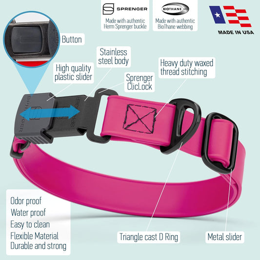 Dogline Biothane Waterproof Dog Collar with Herm Sprenger Black Stainless Steel Quick Release Buckle β Heavy Duty Tactical Durable Collar for Dogs β Comfortable and Safe Pet Collar W1 L15-25 Magenta