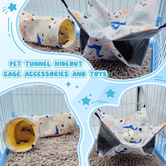 Large Caliber Guinea Pig & Rat Tunnel Hideout & Hammock, Corner Hideout Toy for Guinea Pig, Ferret, Hedgehog & Piggy to Hide and Shuttle (1. Hammock&Tunnel-Dinosaur)