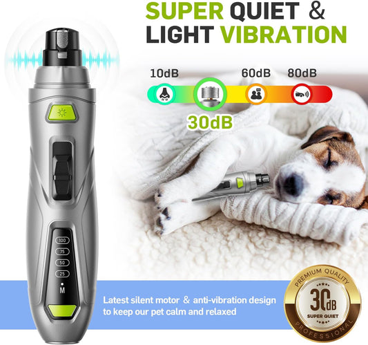 Dog Nail Grinder & Clipper 2-in-1 Set - 25dB Ultra Quiet with 3 Grinding Wheels & 2 LED Lights, Rechargeable for Large/Puppy Dogs & Cats, 3-Speed Adjustable for Anxious Pets