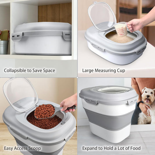 Rice Storage Bin Cereal Containers, 13-50lb Collapsible Rice Container Dispenser with Transparent Lid, Rolling Wheels, Measuring Cup and Scoop, Airtight Dog Cat Pet Food Storage Container White