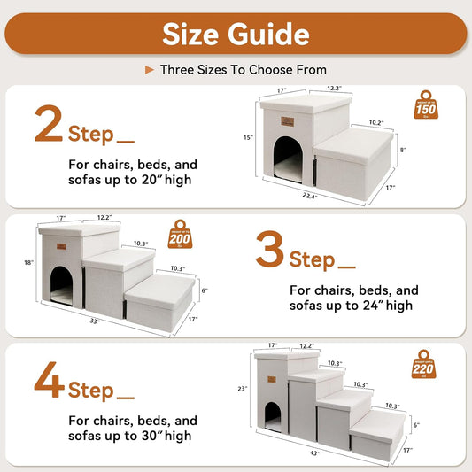 Dog Stairs with Condo 18" H, 3-Step Wider Dog Steps for High Beds Couch, Folding Storage Pet Stairs Gift for Small/Medium/Large Old Dogs Cats, Ramp for Climbing Car Up to 200 lbs, Beige