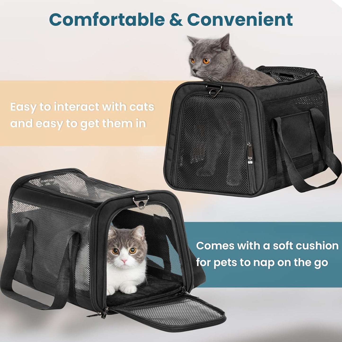 Petsfit Cat Carrier Dog Carrier, Large Capacity Lightweight Soft-Sided Pet Carrier for Travel, with Adjustable Shoulder Strap, Auto Locking Zipper Head and Washable Fleece Pad