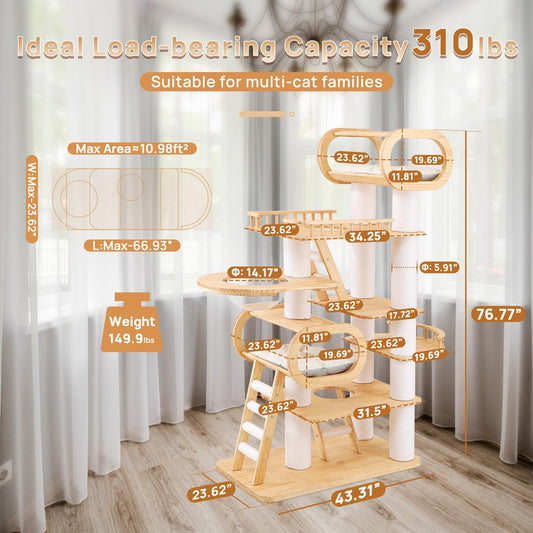 77ββ Modern Cat Tree, Tall Wood Cat Tower for Indoor Cats Large Adult, Heavy Duty Cat Tree with Scratching Post, Luxury Kitty Condo, Sturdy Cat Furniture with 1 Transparent Bed and 3 Climb Labber