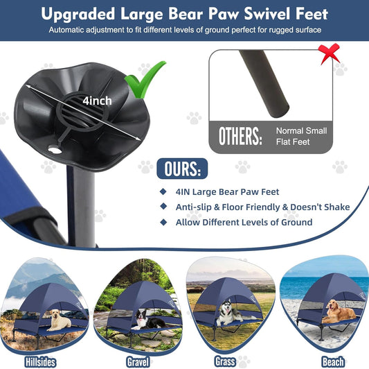 Upgraded Elevated Dog Bed with Canopy, Portable Raised Outdoor Dog Bed with Stable Anti-Slip Feet, Wider Shade Pet Bed Cot, Raised Dog Beds for Large Dogs Camping, Indoor & Outdoor Use