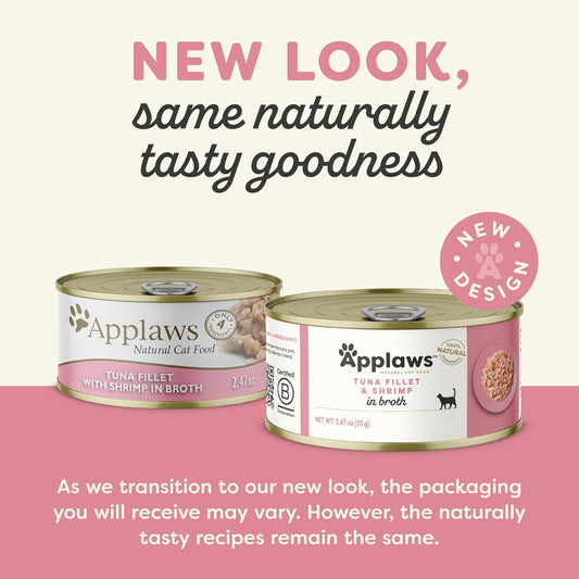 Applaws Natural Wet Cat Food, 24 Count, Limited Ingredient Canned Wet Cat Food, Tuna with Shrimp in Broth, 2.47oz Cans