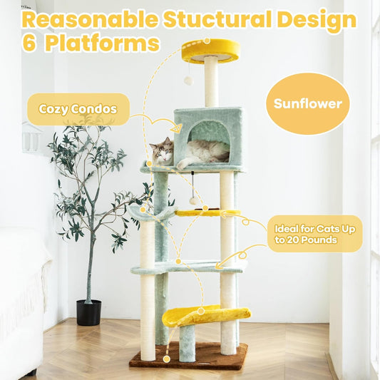 HYABi 65.5 Inch Sunflower Cat Tree Tower Multi-Level Cat Condo with Plush Scratching Posts, Toy Balls, and Pet House, Indoor Play Platform for Large Adult Cats, Cute Sunflower Design