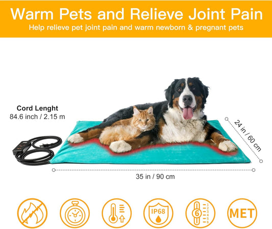 Toozey Large Pet Heating Pad, 6 Adjustable Temperature Dog Cat Heating Pad with Timer, Waterproof Heated Dog Bed with Chew Resistant Cord, Indoor Electric Pet Heated Mat 35x24in