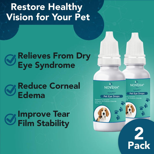 NOVEHA HydraPet™ Pink Eye Drops for Dogs & Cats | Lubricating Artificial Tears with 2% Sodium Chloride, Relieves Corneal Edema & Pets Dry Eye Syndrome, Irritated Animal Eyes - 10mL (Pack of 2)