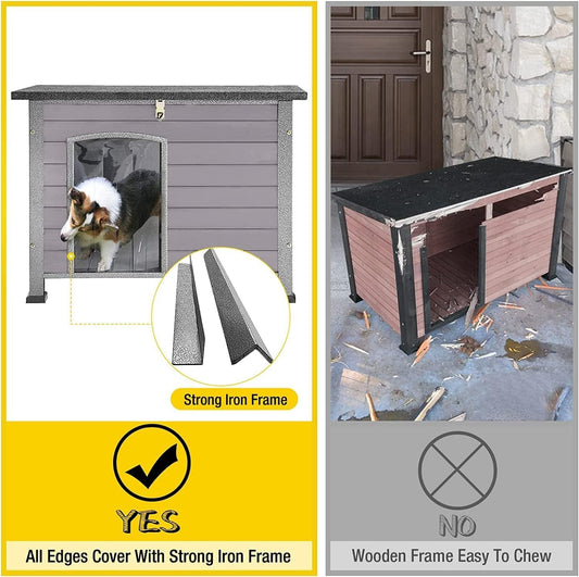 Aivituvin Dog House Outdoor Indoor Weatherproof Dog House for Small & Medium & Large Dogs with Unique All-Around Iron Frame&Raised Feet(Grey)