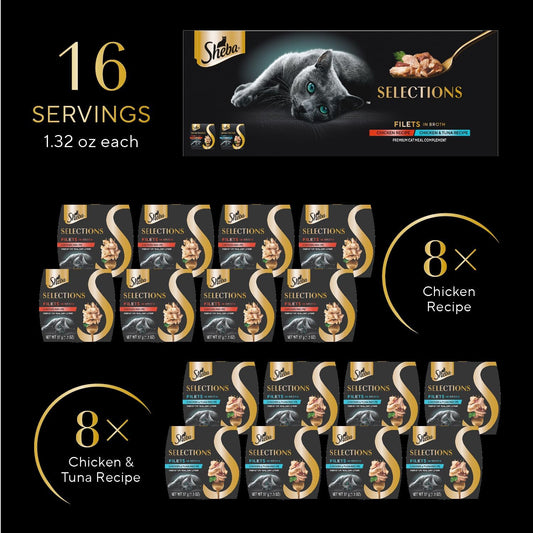 Sheba Selections Filets in Broth Adult Wet Cat Meal Complement Chicken or Tuna Recipe, 1.3 oz. Cups, 8 Count (Pack of 2)