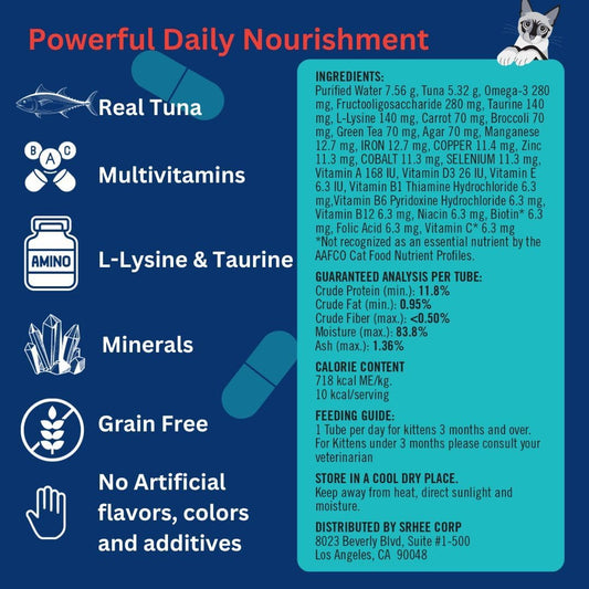 Lickable Cat Treats -Real Tuna Multivitamin Puree with Lysine & Taurine for Indoor Cats | Grain-Free, Squeeze Tube (50 Pack)