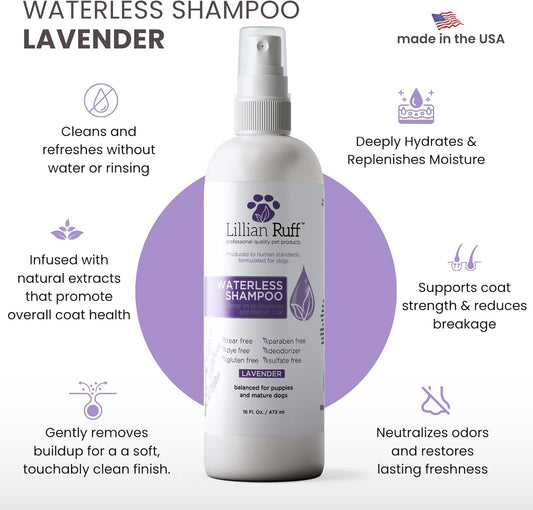 Lillian Ruff Waterless No-Rinse Dog Dry Shampoo Spray with Hydrating Essential Oils - pH-Balanced Dry Shampoo for Dogs - Clean, Condition, Detangle & Deodorize Dry, Sensitive Skin (Lavender)