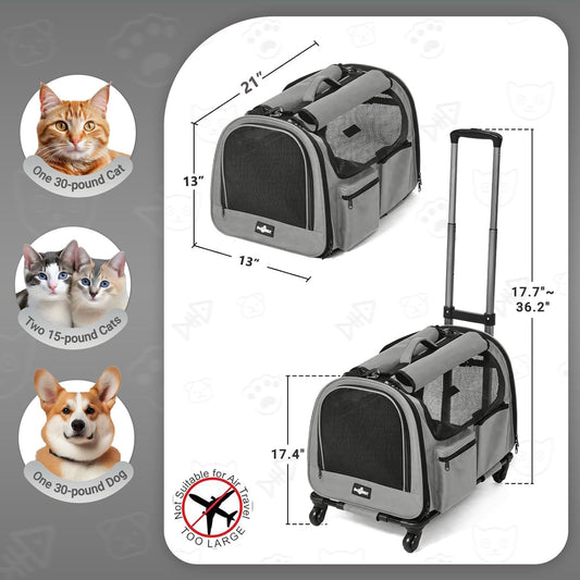 Large Pet Carrier with Wheels, Foldable Rolling Dog Carrier with Wheels and Big Pocket, Cat Rolling Bag 21"x13"x13" for 2 Cats &Dogs, for Travel, Outdoor, Vet Visits, Camping, Indoor. Gray
