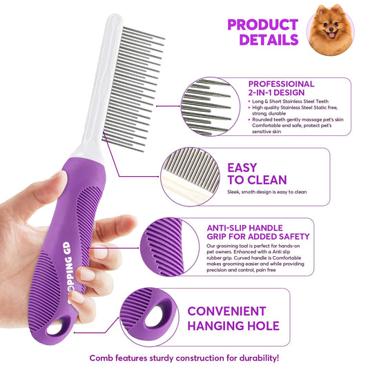 Detangling Pet Comb for Dogs & Cats with Long & Short Stainless Steel Metal Teeth for Removes Tangles and Knots - Detangler Grooming Tool for Dematting Matted Fur.