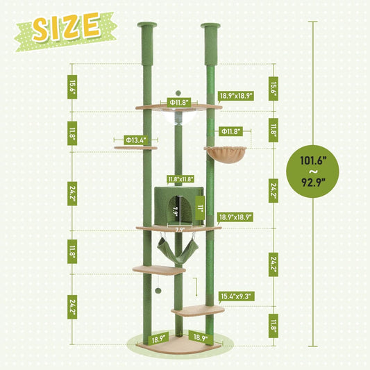 PEQULTI Floor to Ceiling Cat Tree 92.9ββ-101.6ββ Height Adjustable Cat Tower Tall Kitty Climbing Play House with Scratching Posts, Cozy Condo, Perches and Large Hammock for Indoor Cats Green