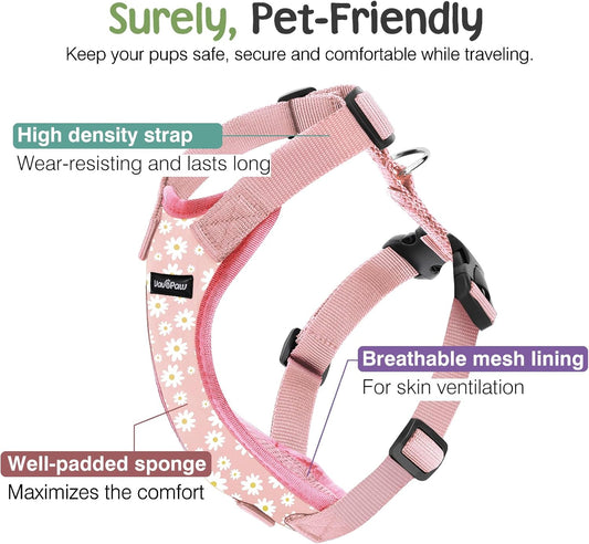 Dog Seat Belt, Safety Vest Dog Car Harness with Adjustable Buckle Dog Seat Belt for Vehicle Nylon Pet Safety Seat Belts Heavy Duty(M, Pink Daisy)