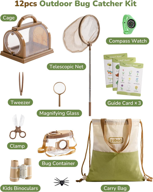 ROBUD Upgraded Kids Explorer Kit, Bug Catcher Kit with Wild Adventure Binoculars, Green Outdoor Exploration Set for Camping, Montessroi Toy for Kids Coming Closer to Nature,WRP30