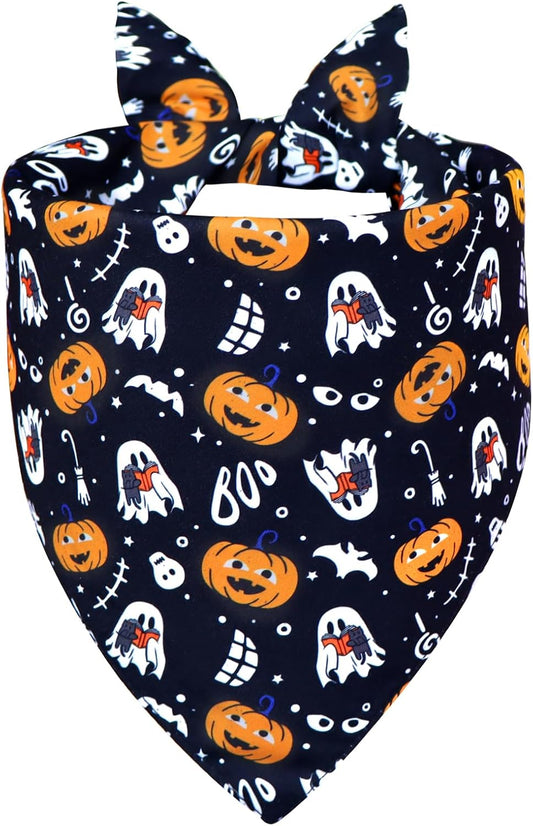 Halloween Dog Bandana for X-Large Dogs - Reversible Black Skull Pumpkin Print Scarf - Soft & Quick-Dry for Costume Parties