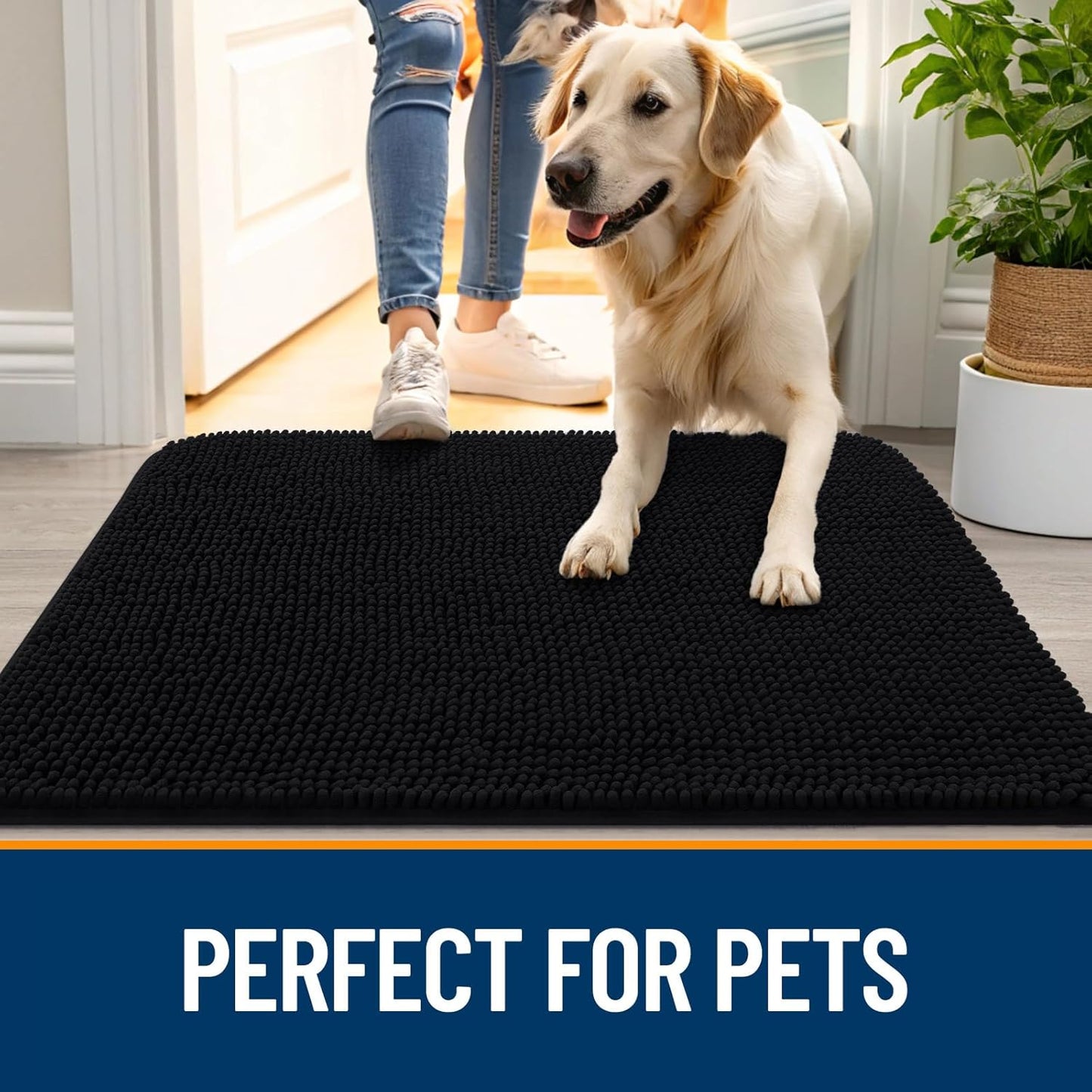 OLANLY Dog Door Mat for Muddy Paws 54x24, Absorbs Moisture and Dirt, Absorbent Non-Slip Washable Doormat, Quick Dry Chenille Mud Mat for Dogs, Entry Indoor Entryway Carpet for Inside Floor, Black