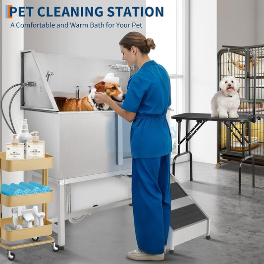 Stainless Steel Dog Washing Station - Dog Bath Tub for Large, Medium, Small Dogs, Pet Grooming Tub with Ramp, Non-Slip Grate, Shower, Soap Box, Faucet, Drain for Home & Outdoor (Right RAMP, 60")