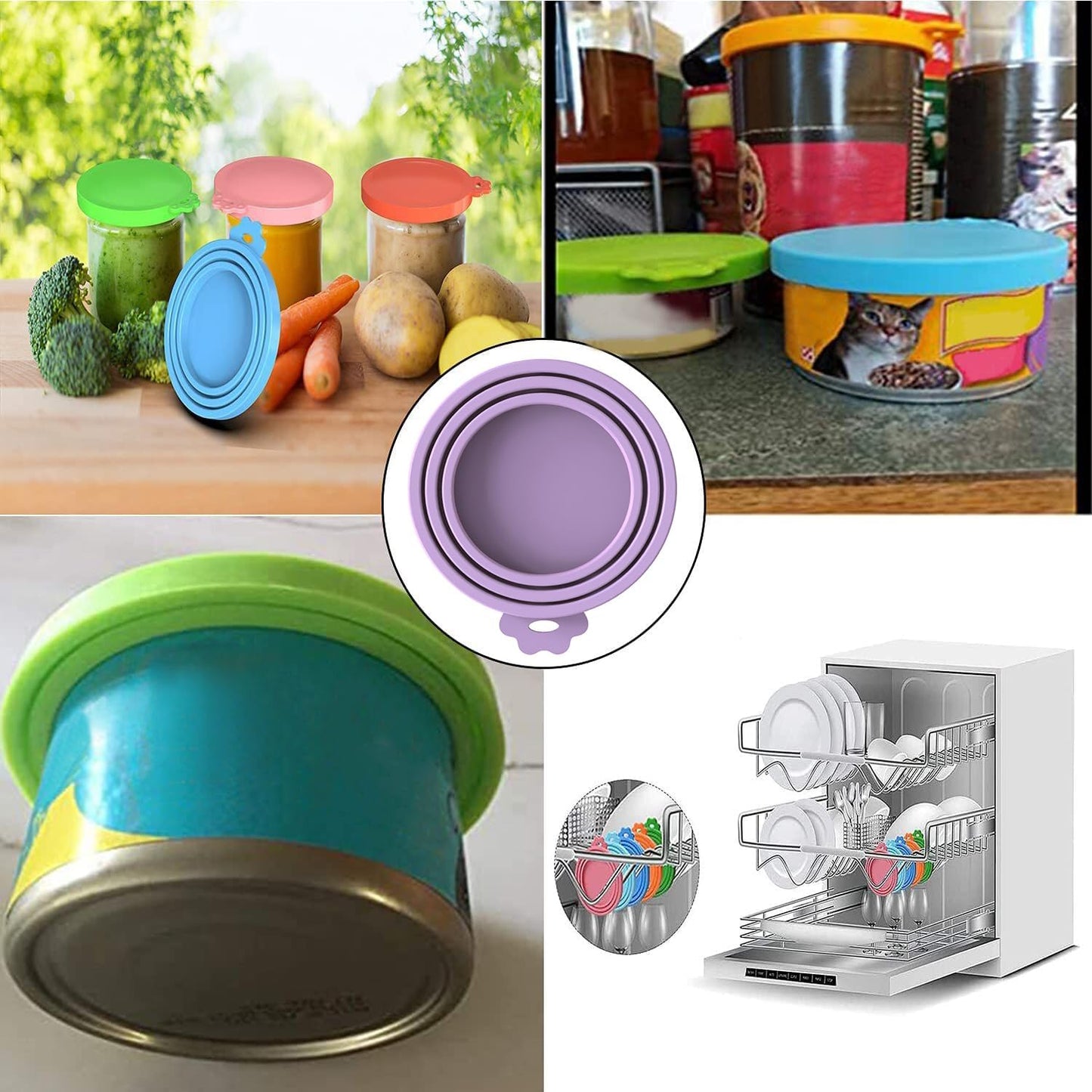 WANBAO 4 Pack Silicone Pet Food Can Lids for 3 Standard Size Food Cans for Pet Food Cans or Canned Goods, Multicolor Light Blue, Light Green, Light Purple, Pink