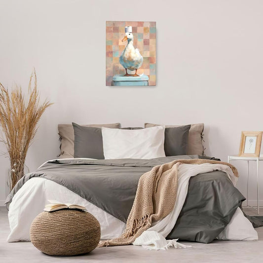 Funny Duck Bathroom Wall Art Cute Duck on Toilet Canvas Wall Decor Funny Quirky Farm Animal Pictures Painting Print Framed Artwork Decorations Gifts for Bathroom 16"x20"