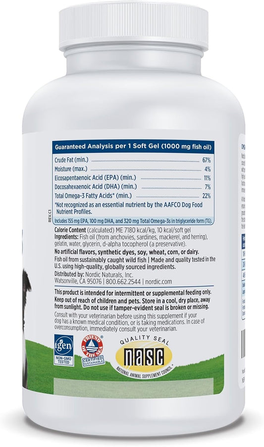 Nordic Naturals Omega-3 Pet, Unflavored - 120 Soft Gels - 330 mg Omega-3 Per Soft Gel - Fish Oil for Dogs with EPA & DHA - Promotes Heart, Skin, Coat, & Immune Health