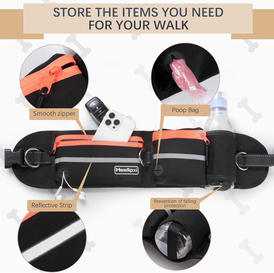 Hands-Free Waist Leash with Pouch for Two Dogs: Reflective Stitching, Dual Handle & Bungee Retractable Design β Ideal for Medium to Large Dogs (Orange) β Dog Walking Accessories