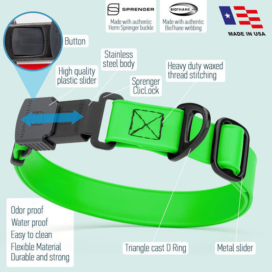 Dogline Biothane Waterproof Dog Collar with Herm Sprenger Black Stainless Steel Quick Release Buckle β Heavy Duty Tactical Durable Collar for Dogs β Comfortable and Safe Pet Collar W 1" L 15-25" Green