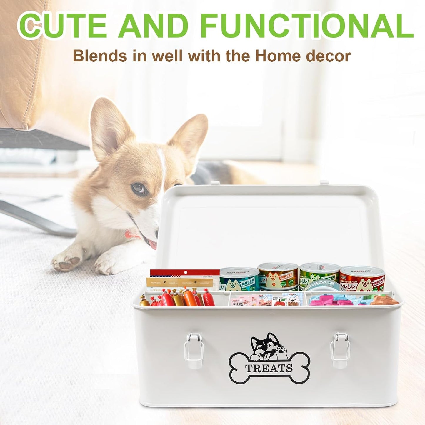 Metal Dog Treat Container,Dog Treats Storage Box with Lid,White Pet Food Bin with Dividers,Rectangular Dog Cat Treats Organizer,Ideal for Sort,Great Gift for Pet Owners