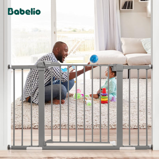 Babelio Metal Baby/Pet Gate, 29-48'' Auto Close Easy Install, Extra Wide Walk Thru for Child Safety, Pressure Mounted Dog Door for Doorways & Stairs, with Y Spindle Rods, Grey