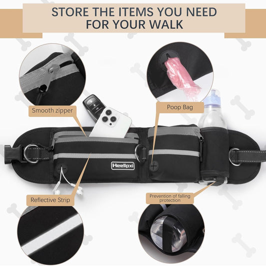 Hands-Free Waist Leash with Pouch for Two Dogs: Reflective Stitching, Dual Handle & Bungee Retractable Design β Ideal for Medium to Large Dogs (Grey) β Dog Walking Accessories